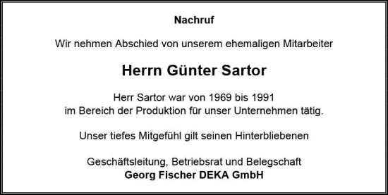 Traueranzeige von Günter Sartor von Hinterländer Anzeiger