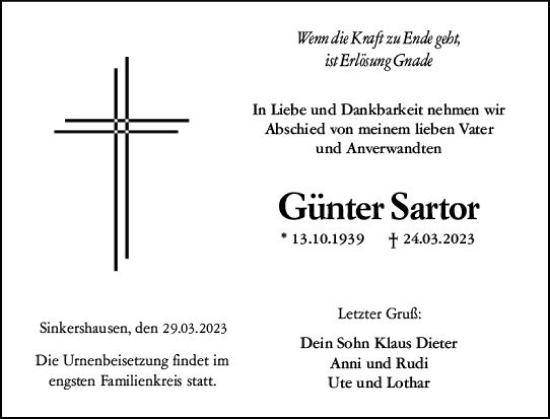 Traueranzeige von Günter Sartor von Hinterländer Anzeiger