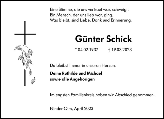 Traueranzeige von Günter Schick von Allgemeine Zeitung Mainz