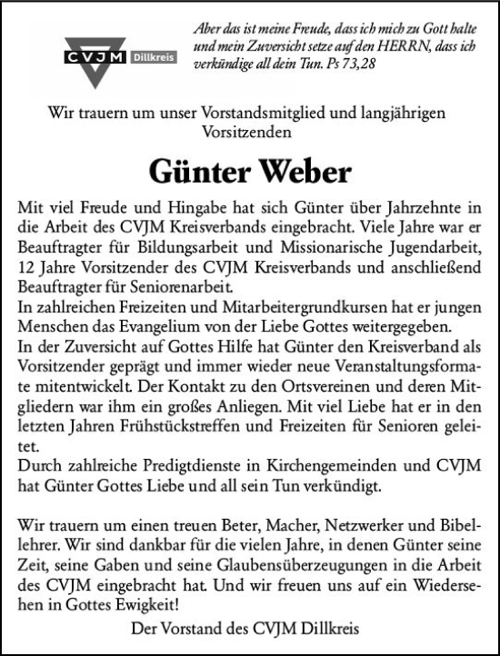 Traueranzeige von Günter Weber von Dill Block