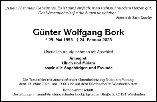 Traueranzeige von Günter Wolfgang Bork von Wiesbadener Kurier