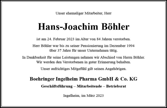 Traueranzeige von Hans-Joachim Böhler von Allgemeine Zeitung Bingen/Ingelheim