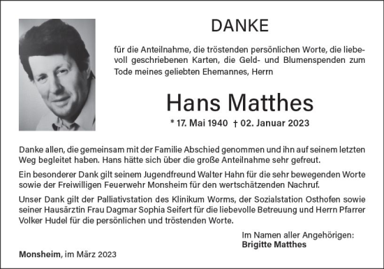 Traueranzeige von Hans Matthes von Wormser Zeitung