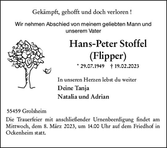 Traueranzeige von Hans-Peter Stoffel von Bingen/Ingelheim WOBL inkl. Neue Binger Ztg.