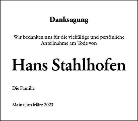 Traueranzeige von Hans Stahlhofen von Allgemeine Zeitung Mainz