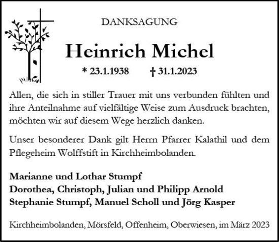 Traueranzeige von Heinrich Michel von Allgemeine Zeitung Alzey
