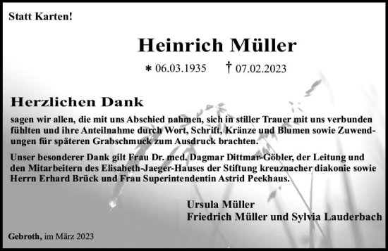 Traueranzeige von Heinrich Müller von Allgemeine Zeitung Bad Kreuznach