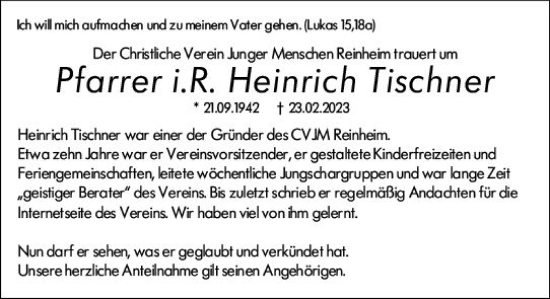 Traueranzeige von Heinrich Tischner von Darmstädter Echo