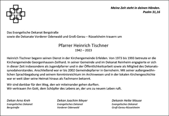 Traueranzeige von Heinrich Tischner von Bergsträßer Anzeiger