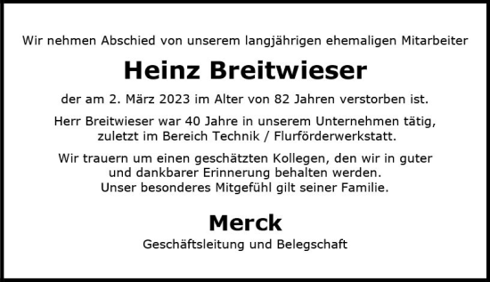 Traueranzeige von Heinz Breitwieser von Darmstädter Echo