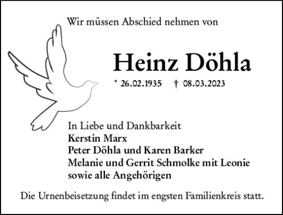 Traueranzeige von Heinz Döhla von Wiesbadener Kurier