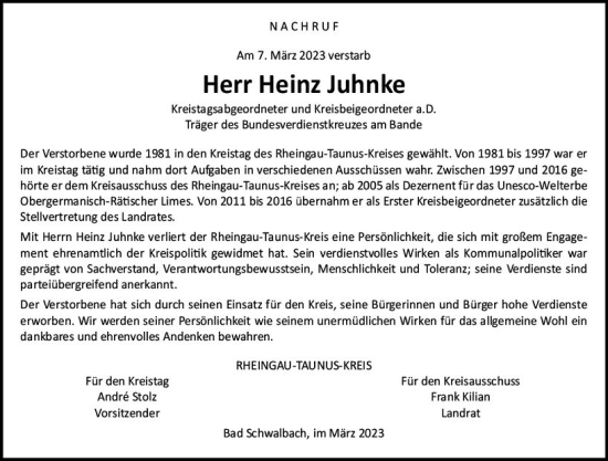 Traueranzeige von Heinz Juhnke von Idsteiner Land/Untertaunus
