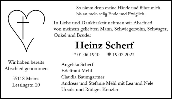 Traueranzeige von Heinz Scherf von Allgemeine Zeitung Mainz