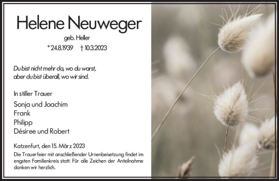 Traueranzeige von Helene Neuweger von Wetzlarer Neue Zeitung