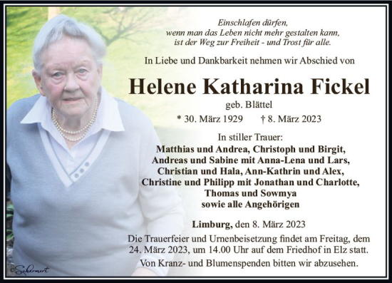 Traueranzeige von Helene Katharina Fickel von Nassauische Neue Presse