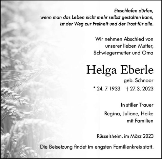 Traueranzeige von Helga Eberle von Rüsselsheimer Echo