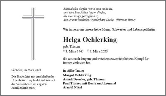 Traueranzeige von Helga Oehlerking von Darmstädter Echo