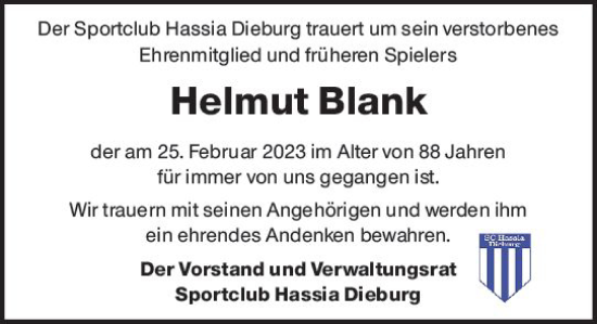 Traueranzeige von Helmut Blank von Dieburger Anzeiger/Groß-Zimmerner Lokal-Anzeiger