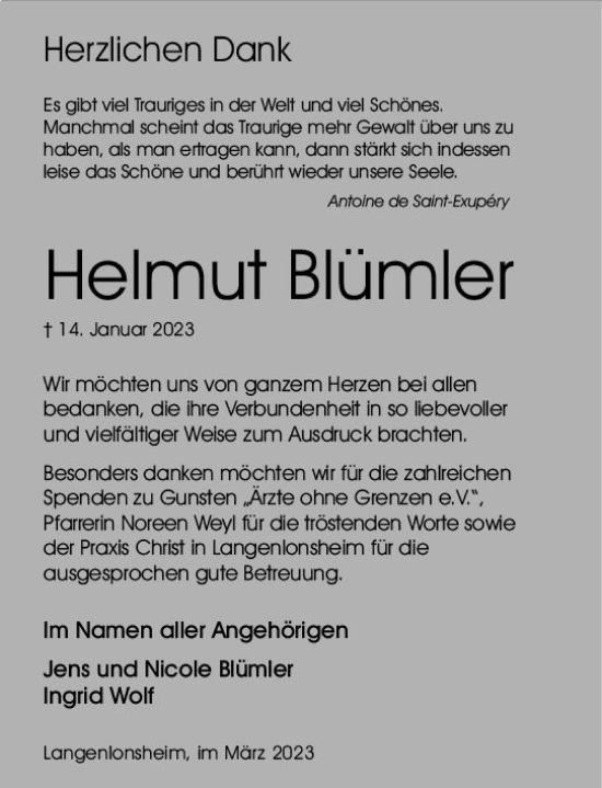 Traueranzeige von Helmut Blümler von Allgemeine Zeitung Bingen/Ingelheim