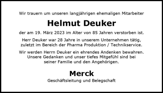 Traueranzeige von Helmut Deuker von Darmstädter Echo