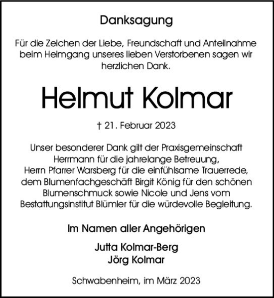 Traueranzeige von Helmut Kolmar von Allgemeine Zeitung Bingen/Ingelheim