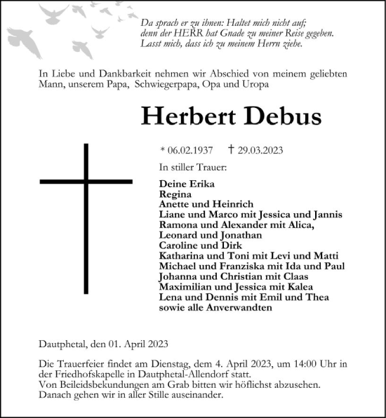 Traueranzeige von Herbert Debus von Hinterländer Anzeiger