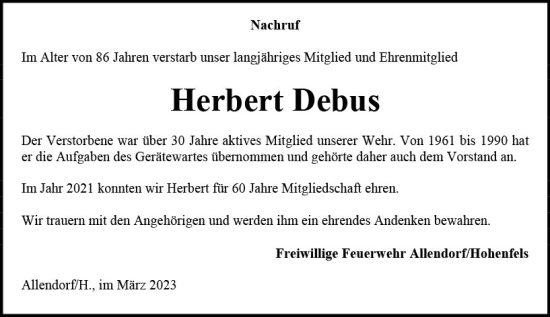 Traueranzeige von Herbert Debus von Hinterländer Anzeiger