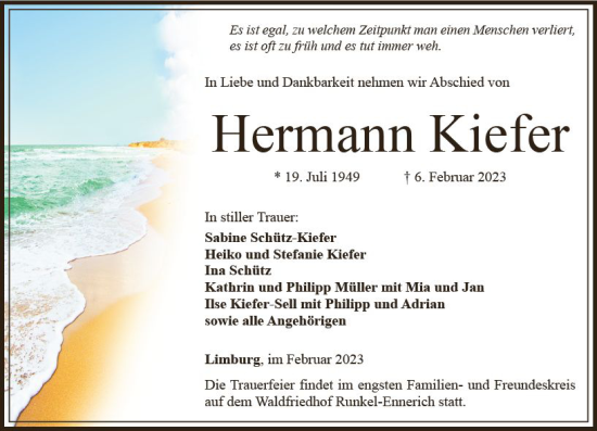 Traueranzeige von Hermann Kiefer von Nassauische Neue Presse