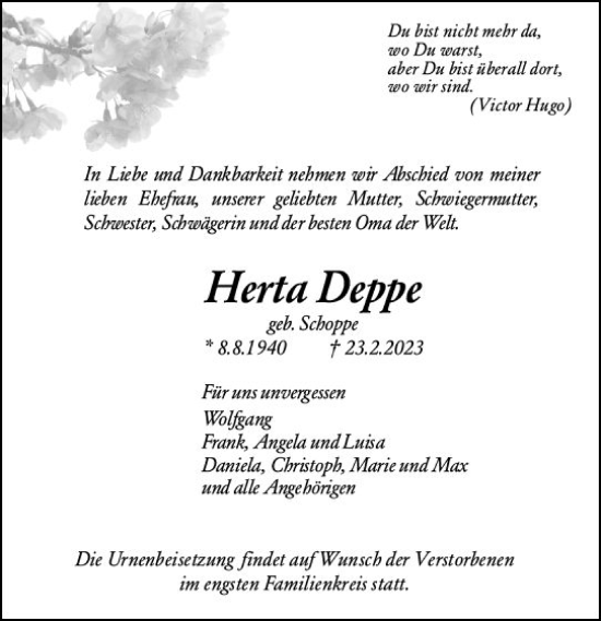 Traueranzeige von Herta Deppe von Hochheimer Zeitung