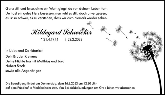 Traueranzeige von Hildegard Schwicker von Wormser Zeitung