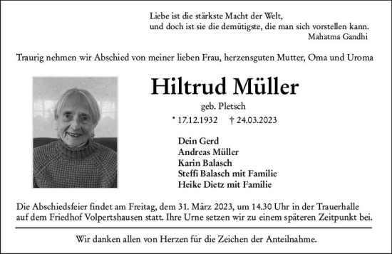 Traueranzeige von Hiltrud Müller von Wetzlarer Neue Zeitung