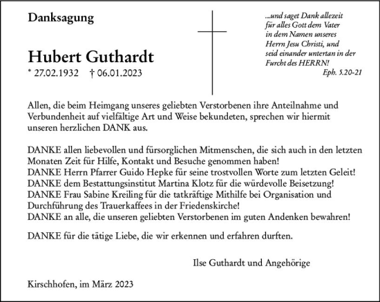 Traueranzeige von Hubert Guthardt von Weilburger Tageblatt
