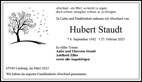 Traueranzeige von Hubert Staudt von Nassauische Neue Presse