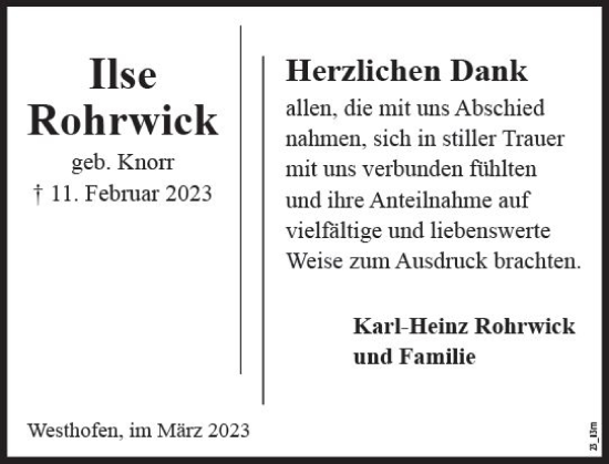 Traueranzeige von Ilse Rohrwick von Wormser Zeitung