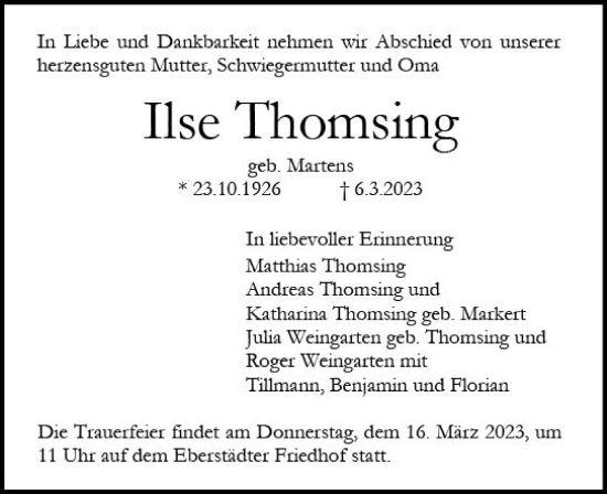 Traueranzeige von Ilse Thomsing von Darmstädter Echo