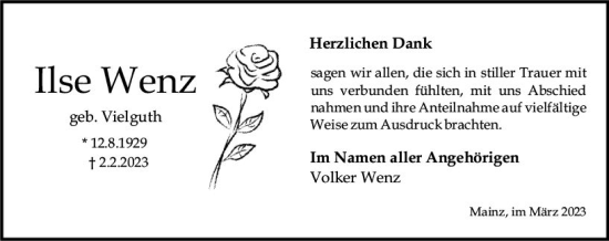 Traueranzeige von Ilse Wenz von Allgemeine Zeitung Mainz