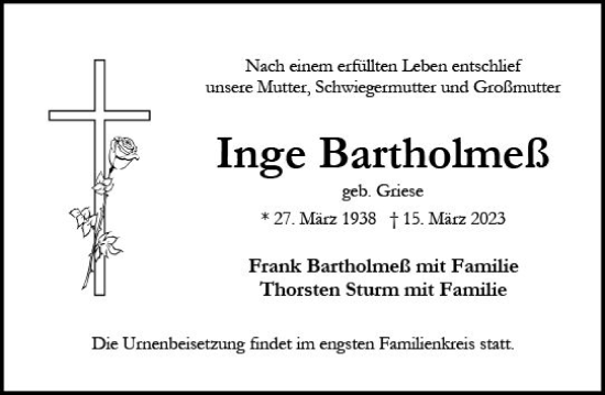 Traueranzeige von Inge Bartholmeß von Wiesbadener Kurier