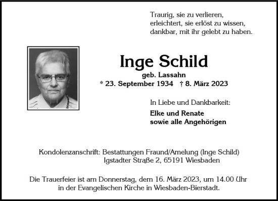 Traueranzeige von Inge Schild von Wiesbadener Kurier