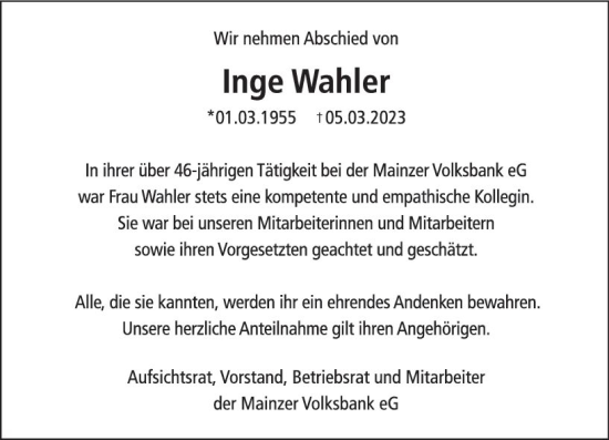 Traueranzeige von Inge Wahler von Allgemeine Zeitung Mainz