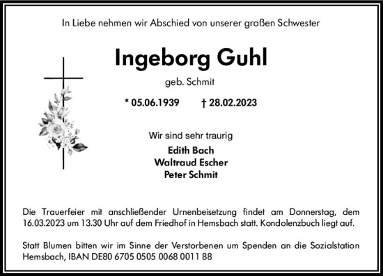 Traueranzeige von Ingeborg Guhl von Rüsselsheimer Echo