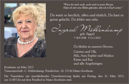 Traueranzeige von Ingrid Möhlenkamp von Allgemeine Zeitung Mainz