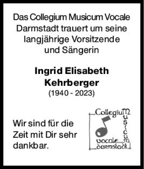 Traueranzeige von Ingrid Elisabeth Kehrberger von Darmstädter Echo