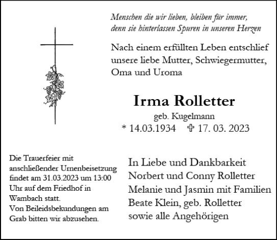 Traueranzeige von Irma Rolletter von Wiesbadener Kurier