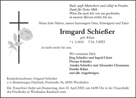 Traueranzeige von Irmgard Schießer von Wiesbadener Kurier