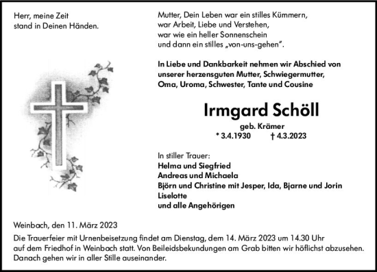 Traueranzeige von Irmgard Schöll von Weilburger Tageblatt