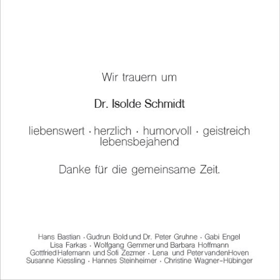 Traueranzeige von Isolde Schmidt von Wiesbadener Kurier