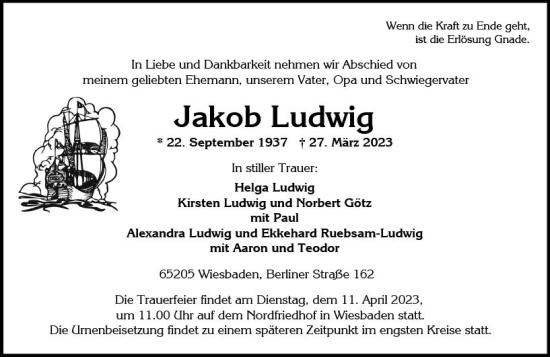 Traueranzeige von Jakob Ludwig von Wiesbadener Kurier
