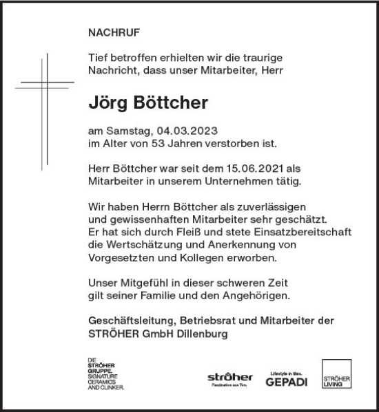 Traueranzeige von Jörg Böttcher von Dill Block