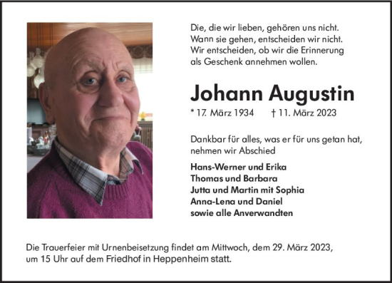 Traueranzeige von Johann Augustin von Starkenburger Echo