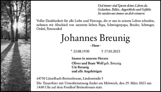 Traueranzeige von Johannes Breunig von Odenwälder Echo